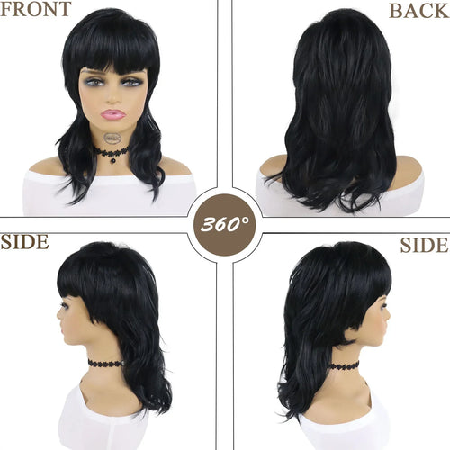 Load image into Gallery viewer, Synthetic Hair Natural Shag Wig with Bangs Black Women Wig Mullet Dovetail Wig Halloween Costume Party Cosplay Wigs
