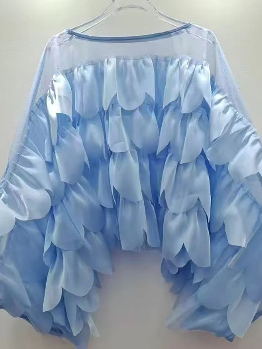 Solid Sheer Spliced Ruffles Folds Fashion Blouses for Women Round Neck Long Sleeves Elegant Blouse Female Clothing