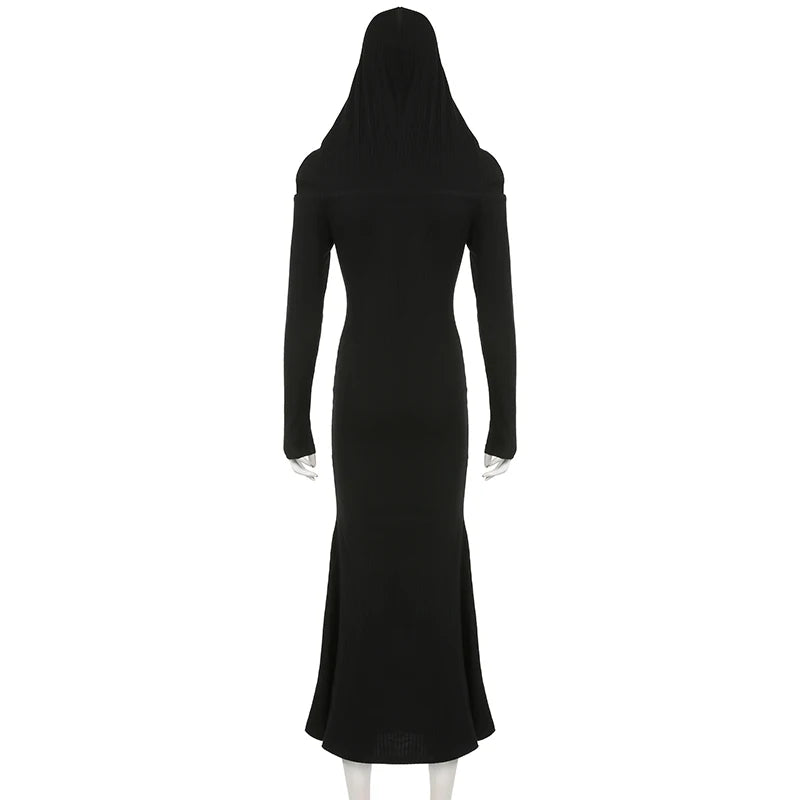 Elegant Gothic Slash Neck Autumn Dress for Women Fashion Hooded Bodycon Dark Academia Long Dress Basic Outfits Party