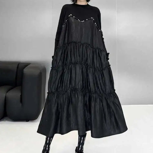 Load image into Gallery viewer, Women Black Knitting Beads Pleated Big Size Midi Dress New Round Neck Long Sleeve Fashion Tide Spring Autumn 2025 1DH9219

