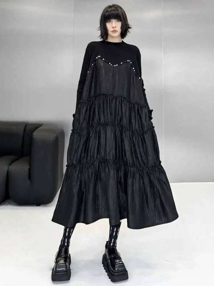 Women Black Knitting Beads Pleated Big Size Midi Dress New Round Neck Long Sleeve Fashion Tide Spring Autumn 2025 1DH9219
