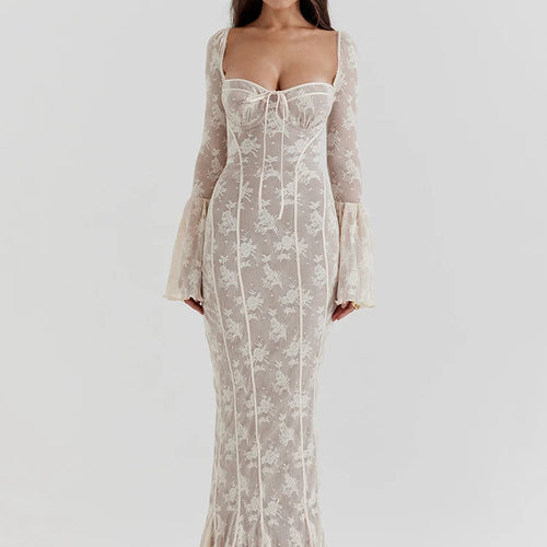 Load image into Gallery viewer, Lace Print Long Flare Sleeve Sexy Maxi Dress For Women Fashion Square Collar Backless Bodycon Club Party Sexy Dress
