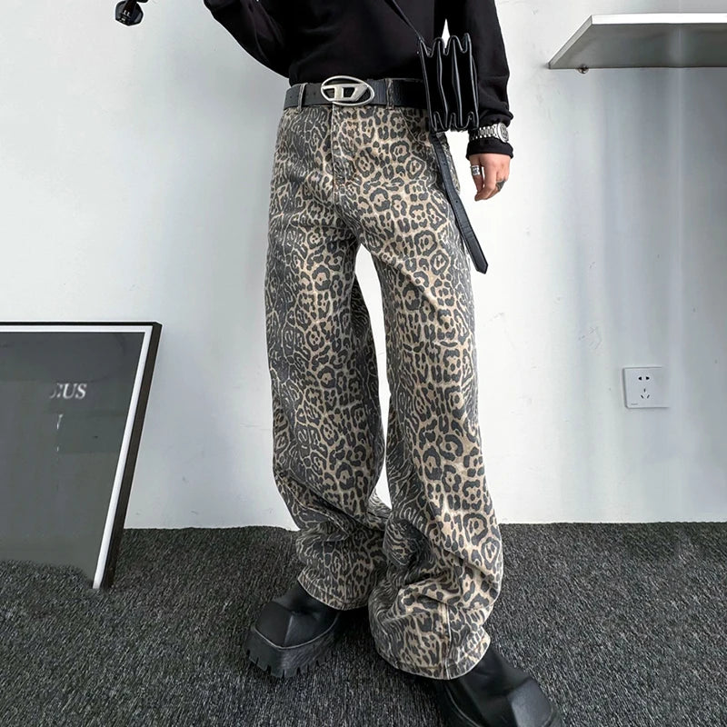 Leopard Print Men's Jeans Personality Men Denim Pants Niche Design Casual Male Trousers Spring Fashion 9C3998