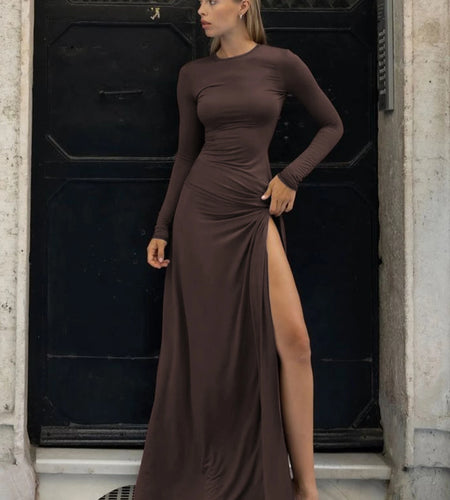 Solid O Neck Long Sleeve Ruched Sexy Bodycon Elegant Maxi Prom Dress Autumn Winter Women Outfit Birthday Party Festival