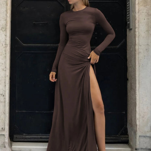 Load image into Gallery viewer, Solid O Neck Long Sleeve Ruched Sexy Bodycon Elegant Maxi Prom Dress Autumn Winter Women Outfit Birthday Party Festival
