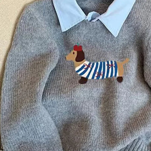 Load image into Gallery viewer, Korean Gray Elegant Embroidery Pullover Sweater 2024 Autumn Winter Women Holiday Long Sleeve Knitwear Casual Tops Fashion Trend
