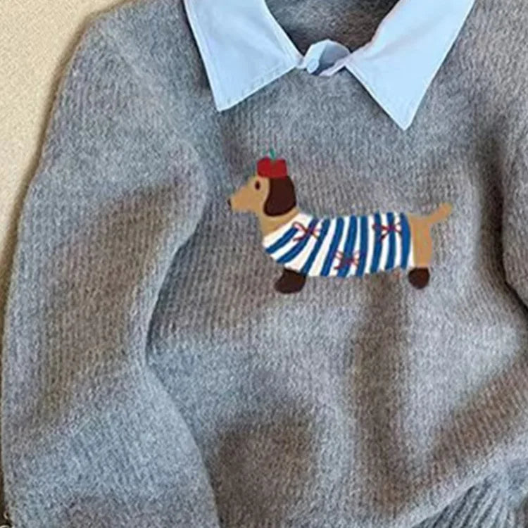 Korean Gray Elegant Embroidery Pullover Sweater 2024 Autumn Winter Women Holiday Long Sleeve Knitwear Casual Tops Fashion Trend