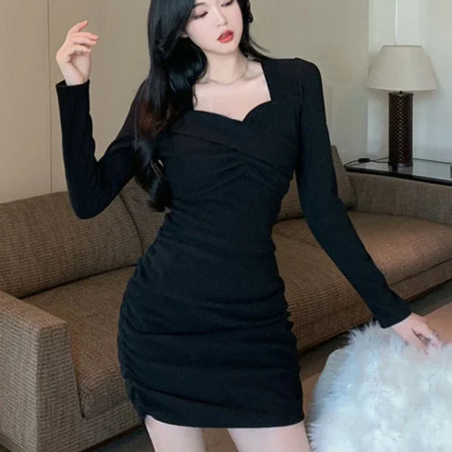 Load image into Gallery viewer, Autumn Black Bodycon Dress for Women 2022 Vintage Casual Wrap Evening Party Dresses Office Ladies Long Sleeve Robe
