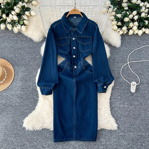 Load image into Gallery viewer, Retro Fashion 2024 Autumn Women's Blue Temperament Single Breasted Slim Dresses Korean Long Sleeved Vacation Denim Dress Popular
