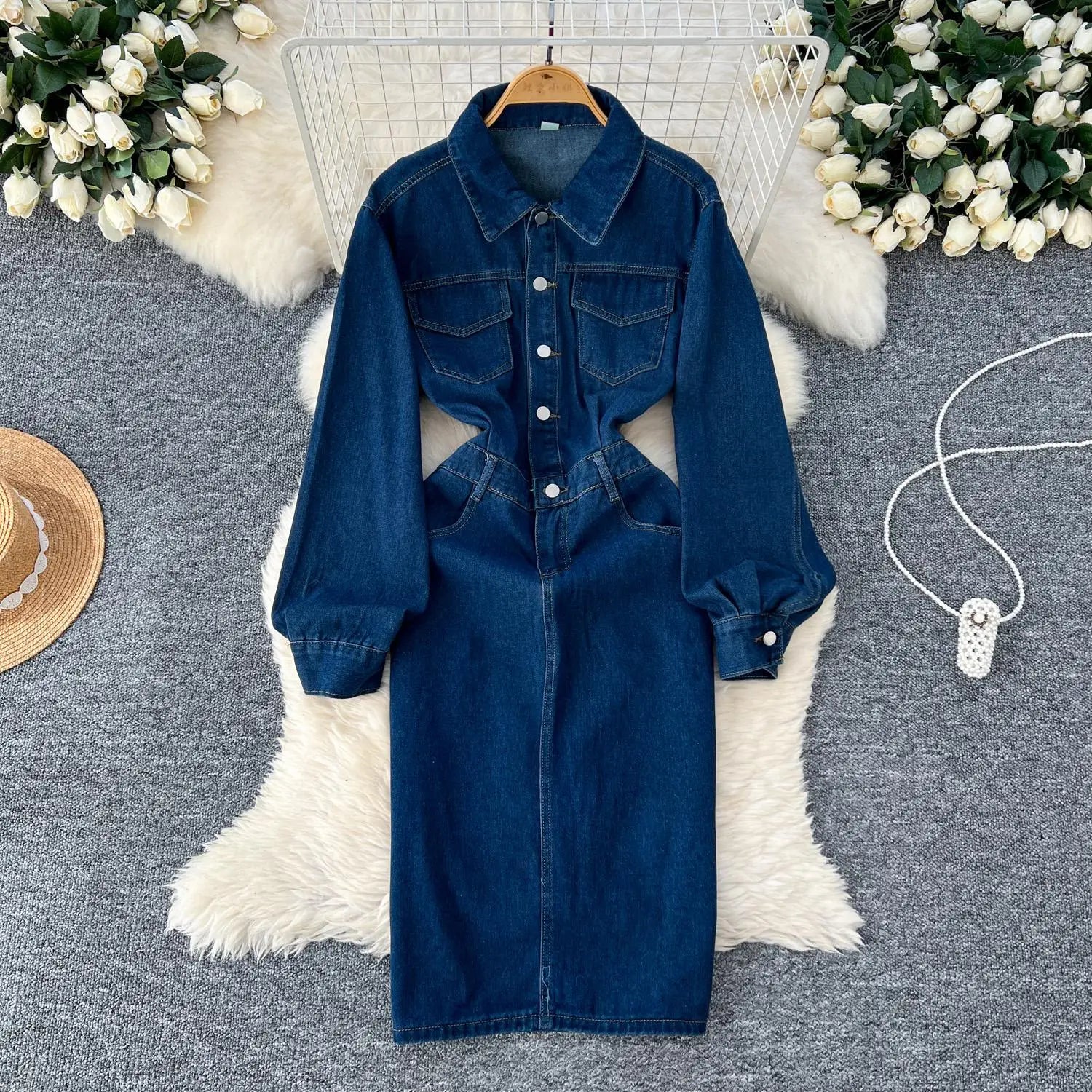 Retro Fashion 2024 Autumn Women's Blue Temperament Single Breasted Slim Dresses Korean Long Sleeved Vacation Denim Dress Popular