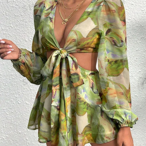 Load image into Gallery viewer, Sexy Deep V-print Long Sleeved Lace Up Women Playsuit Autumn Casual Lantern Sleeve Chiffon Elegant Holiday Party Beach
