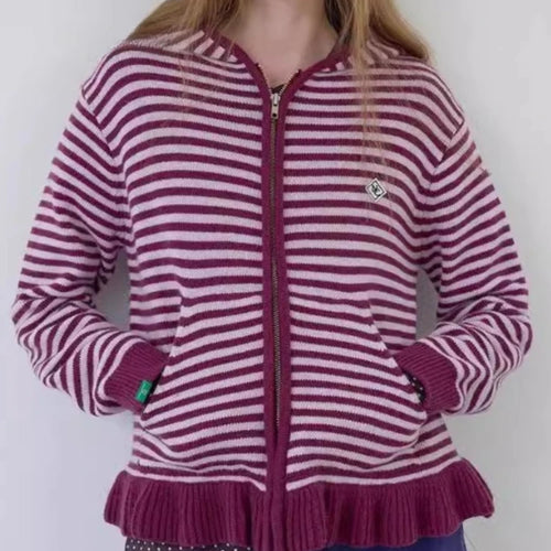 Load image into Gallery viewer, Casual Sueter Mujer Knitted Sweater Coats Women Autumn Winter Clothing Pull Femme Fashion Vintage Striped Zipper Cardigan Tops
