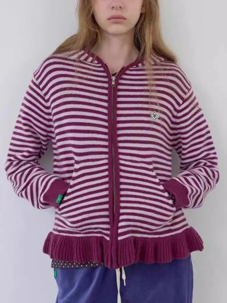 Casual Sueter Mujer Knitted Sweater Coats Women Autumn Winter Clothing Pull Femme Fashion Vintage Striped Zipper Cardigan Tops