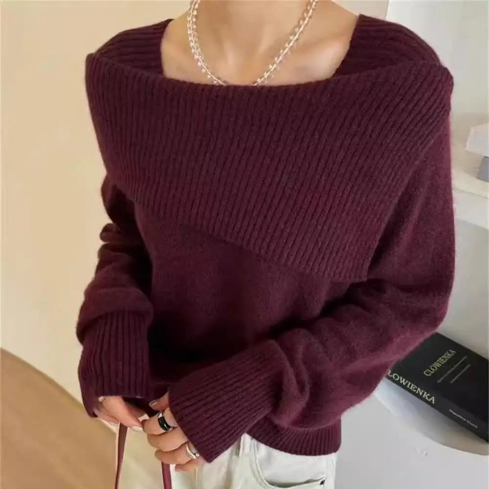 Korean Version Solid Square Neck Loose Cotton Crochet Sweater Autumn Winter Women Long Sleeve Casual Warm Pullover Tops Popular