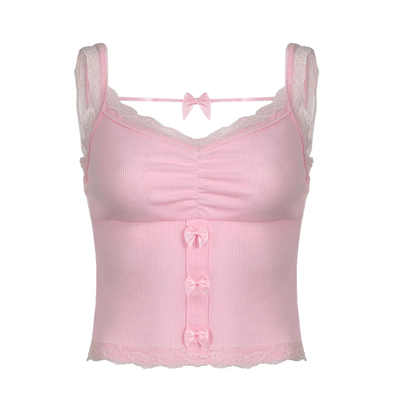 Coquette Hotsweet Lace Trim Summer Camis Tops Mini Bow Knit Fold Pink Korean Fashion Women Crop Tops Cute Y2K Outfits