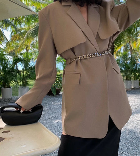 Women Khaki Metal Belted Big Size Elegant Blazer New Lapel Long Sleeve Jacket Fashion Tide Spring Autumn 2025 1DH9386