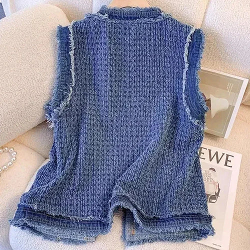 Load image into Gallery viewer, Spring Autumn Blue Plaid Denim Women&#39;s Vest with Tassel Elegant Fashion Women Single Breasted Flow Sleeveless Tank Top Coat
