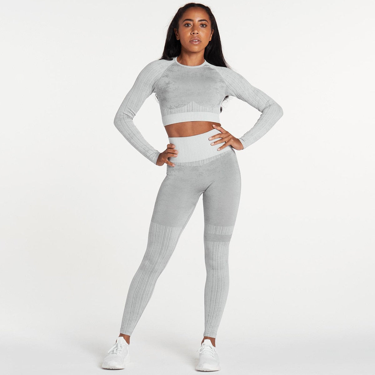 Explosive Three Piece Sports Suit Seamless Quick Dry Bra Long Sleeves Coat Breathable Track Pants Striped Print Gym Set