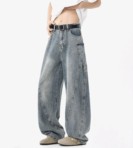 Men's Jeans New American High Street Design Loose Solid Color Washed Casual Male Straight Leg Denim Pants Spring 2025