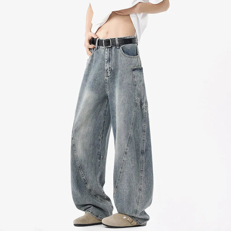 Men's Jeans New American High Street Design Loose Solid Color Washed Casual Male Straight Leg Denim Pants Spring 2025