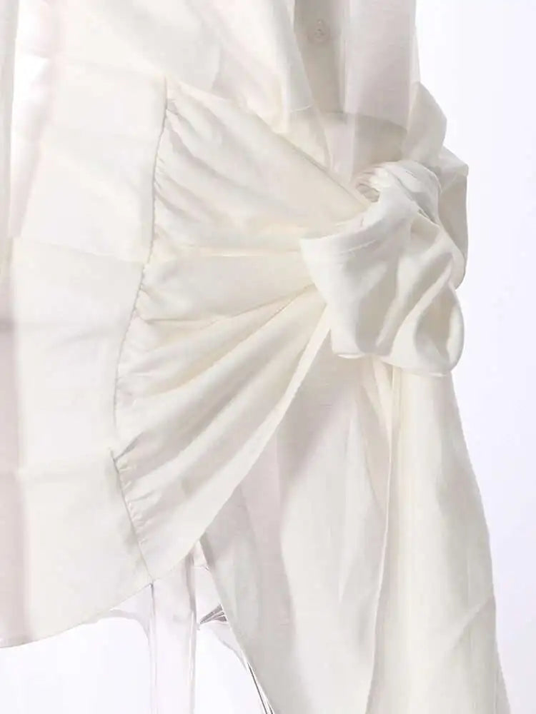 Women White Bandage Bow Big Size Long Elegant Blouse New Lapel Long Sleeve Shirt Fashion Tide Spring Autumn 2025 7AB8430