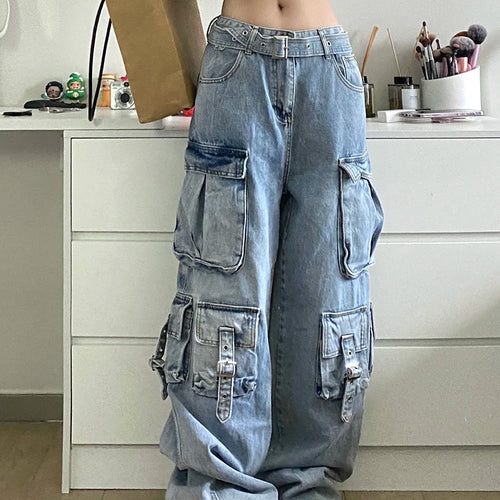 Load image into Gallery viewer, Patchwork Pockets Casual Loose Denim Pants For Women High Waist Spliced Belt Streetwear Cargo Jeans Female Fashion
