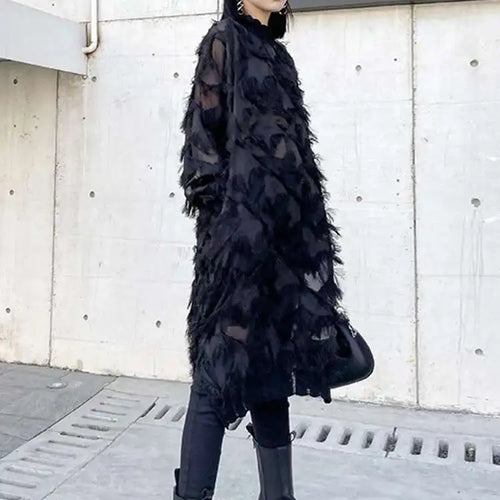 Load image into Gallery viewer, Women Black Tassels Perspective Big Size Knee-Length Dress New Turtleneck Long Sleeve Fashion Spring Autumn 2025 1DH8741
