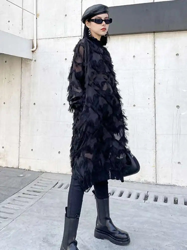 Women Black Tassels Perspective Big Size Knee-Length Dress New Turtleneck Long Sleeve Fashion Spring Autumn 2025 1DH8741
