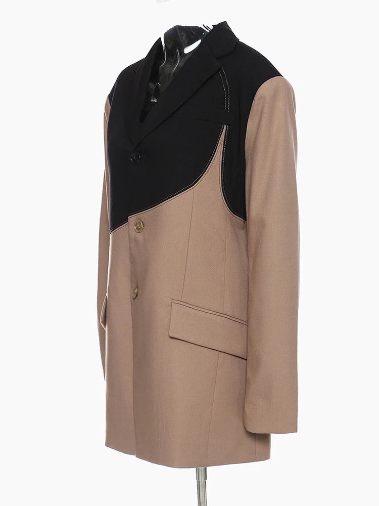 Women Khaki Irregular Contrast Color Big Size Blazer New Lapel Long Sleeve Jacket Fashion Tide Spring Autumn 2025 1DE2308