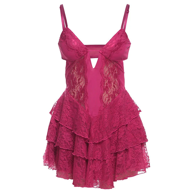 Lace Spaghetti Strap Sexy Mini Dress For Women Fashion Hollow Out Sleeveless Backless High Waist Ruffled Dress Elegant