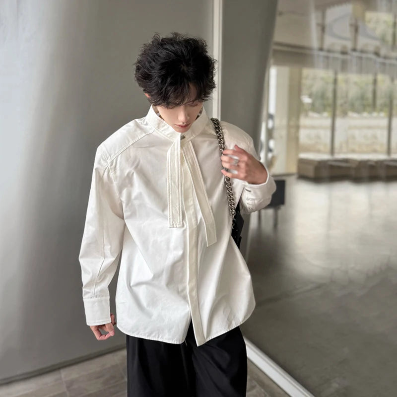 Men's Shirts Long Sleeve New Summer Korean Style Personalized Ribbon Design Turn-down Collar Solid Color Male Top 9W1753