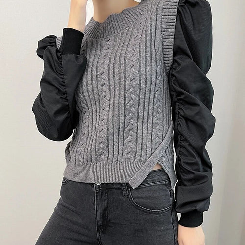 Load image into Gallery viewer, Patchwork Hit Color Knitting Sweaters For Women Round Neck Puff Sleeve Pullover Temperament Sweater Female Fashion
