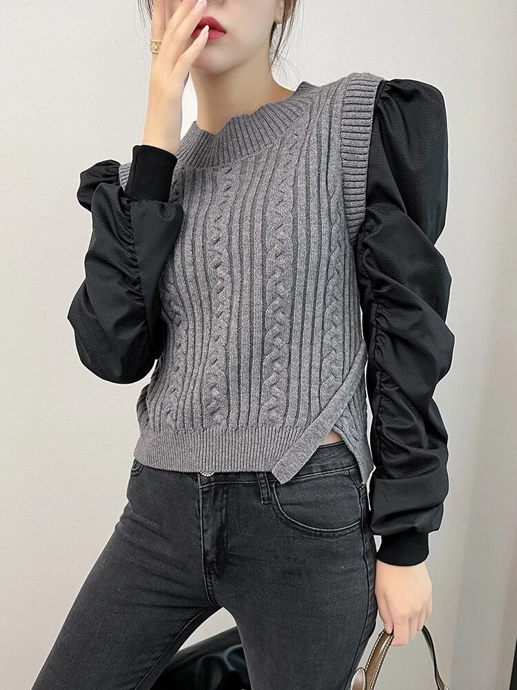 Patchwork Hit Color Knitting Sweaters For Women Round Neck Puff Sleeve Pullover Temperament Sweater Female Fashion
