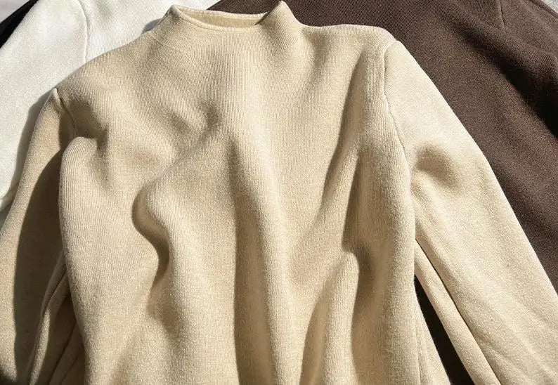 Solid Elegant Basic Knit Pullover Tops Women Half Turtlneck Velvet Sweater Long Sleeve Casual Slim Korean Fashion Autumn Winter