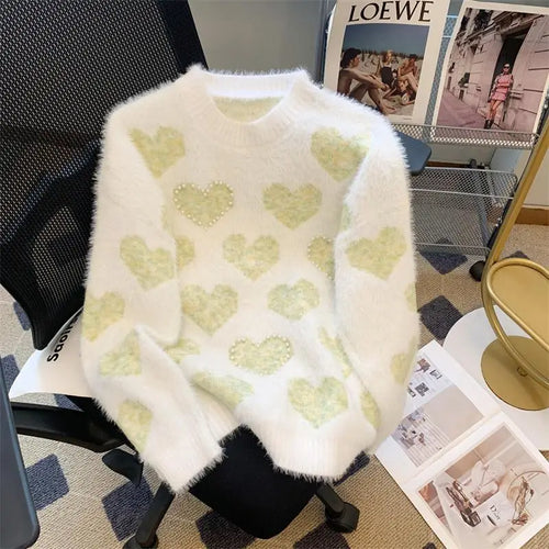 Load image into Gallery viewer, French Retro Heart Shaped Pearl Imitation Mink Sweaters Women Round Neck Warm Long Sleeves Knit Pullover Tops Autumn Winter Chic
