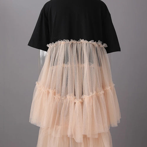 Load image into Gallery viewer, Women Black Mesh Color-block Big Size Knee-Length Dress New Round Neck Short Sleeve Fashion Spring Summer 2025 CPG3040
