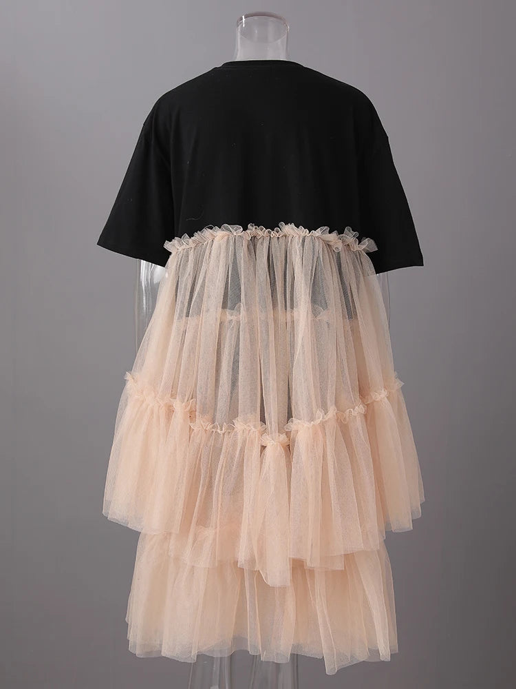 Women Black Mesh Color-block Big Size Knee-Length Dress New Round Neck Short Sleeve Fashion Spring Summer 2025 CPG3040