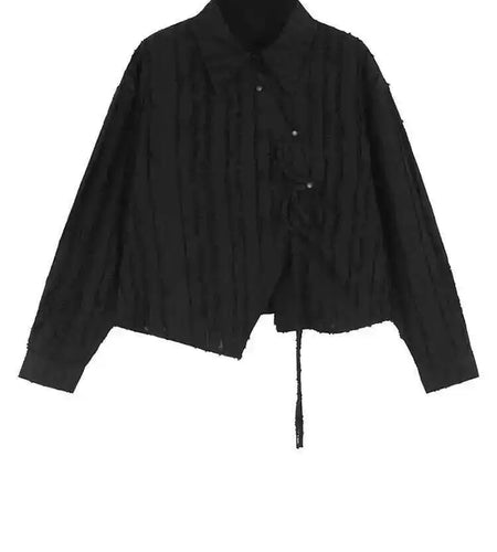 Women Black Irregular Tassels Big Size Vintage Blouse New Lapel Long Sleeve Shirt Fashion Tide Spring Autumn 2025 1DH7095