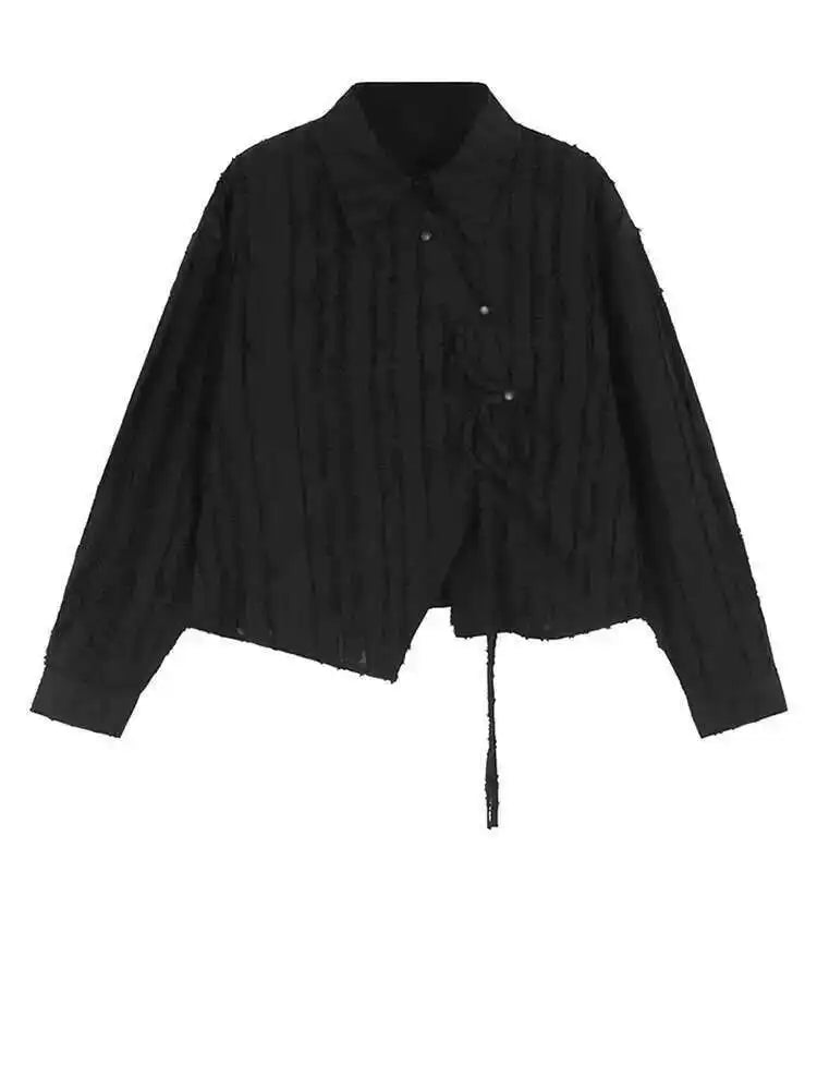 Women Black Irregular Tassels Big Size Vintage Blouse New Lapel Long Sleeve Shirt Fashion Tide Spring Autumn 2025 1DH7095