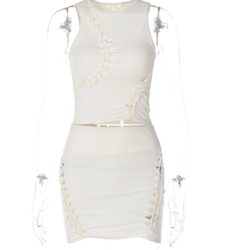 Pure Color O Neck Cut Out Sexy Ruched Crop Tank Top Mini Skirt 2 Piece Matching Sets 2023 Summer Casual Vacation Sports