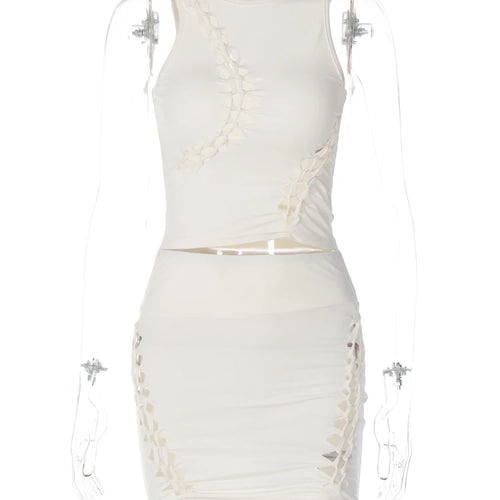 Load image into Gallery viewer, Pure Color O Neck Cut Out Sexy Ruched Crop Tank Top Mini Skirt 2 Piece Matching Sets 2023 Summer Casual Vacation Sports
