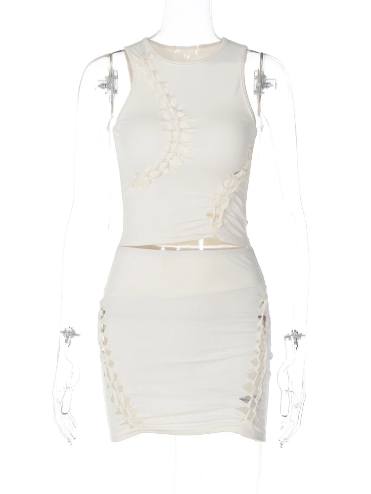 Pure Color O Neck Cut Out Sexy Ruched Crop Tank Top Mini Skirt 2 Piece Matching Sets 2023 Summer Casual Vacation Sports