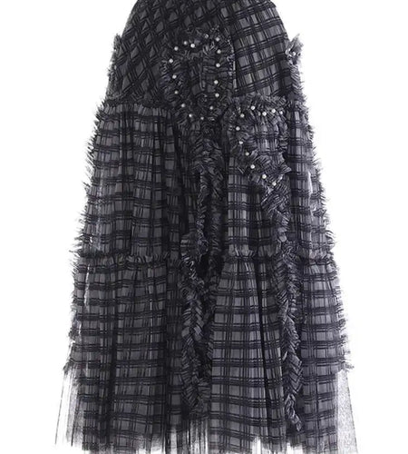 High Elastic Waist Brown Plaid Ruffles Tassels A-line Half-body Skirt Women Fashion Tide New Spring Autumn 2025 1DH9355