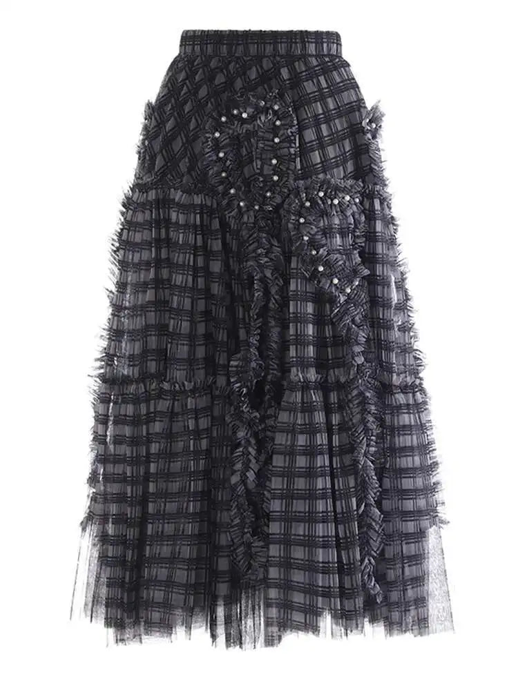 High Elastic Waist Brown Plaid Ruffles Tassels A-line Half-body Skirt Women Fashion Tide New Spring Autumn 2025 1DH9355