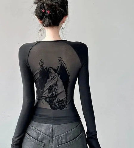 Black Sexy Y2k Tshirts for Women Print Long Sleeve Fashion Tees 2023 Ropa Mujer Crop Tops Casual Hollow Out See Throught T-shirt