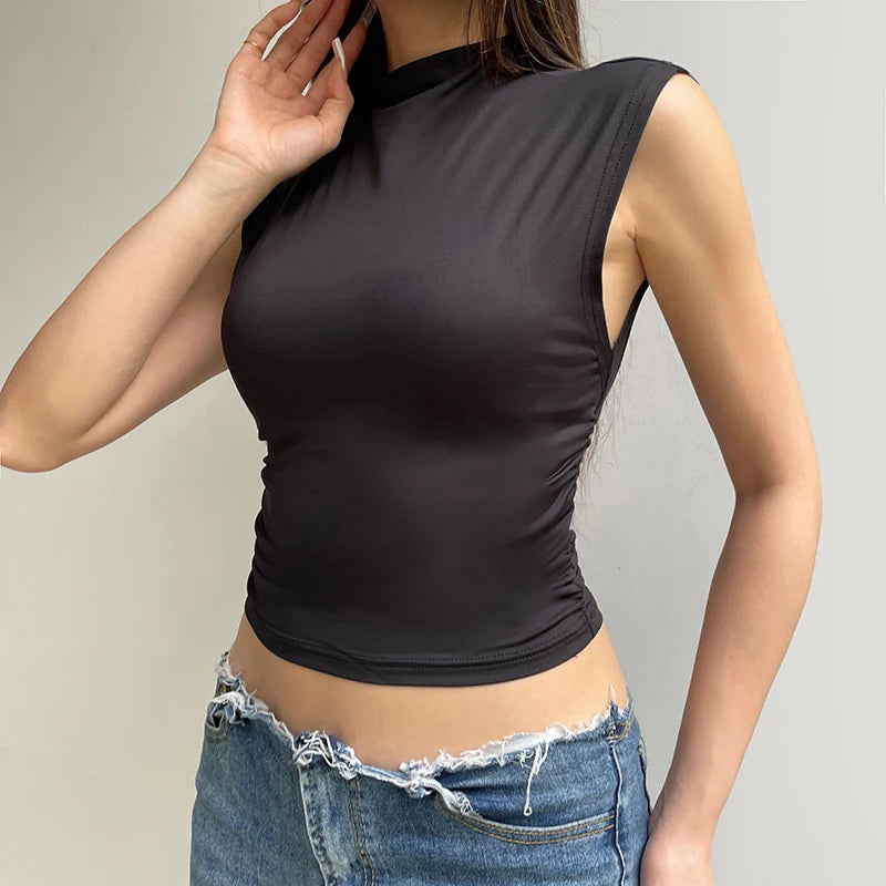 Casual Skinny Folds Basic Summer Women Tee Shirt Slim Stand Collar Streetwear Cropped Tops Sporty All-Match Clothing