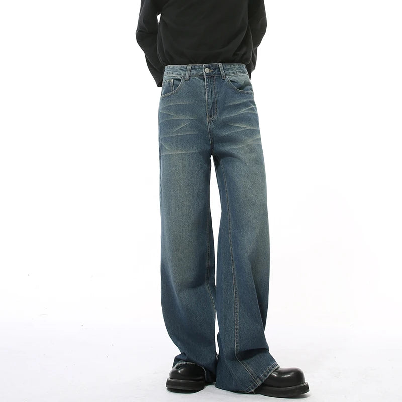 American Style Men's Denim Pants Washed Marks Straight Solid Color Trousers Wide Leg Male Jeans Simple Menswear New 9C9336