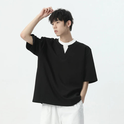 Load image into Gallery viewer, Korean Style T-shirt Fake Two Piece Contrast Color Simple V-neck Short Sleeve Casual Male Clothing Summer Simple 9C5433
