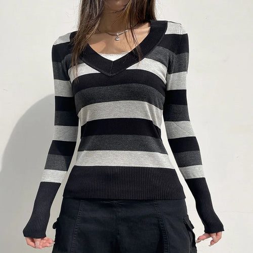 Load image into Gallery viewer, Vintage Gothic Stripe Slim Autumn Sweater Knitwear 90s Aesthetic Slim Knitted Pullover Harajuku V Neck Knit Jumpers
