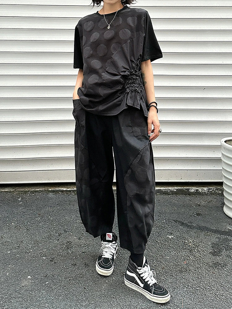 Women Black Dot Jacquard Pleated Big Size T-shirt New Round Neck Short Sleeve Fashion Tide Spring Summer 2025 1DJ1343